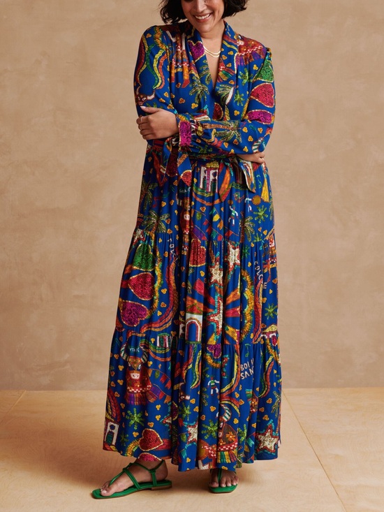 FARM Rio Dresses & Skirts - Farm Rio Boi de Santa Fé Blue Folk Party Maxi Dress XL